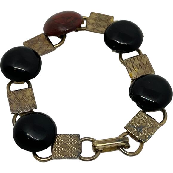 1950s Modernist Stone & Textured Metal Link Bracelet - Black Onyx & Carnelian - Picture 5 of 6